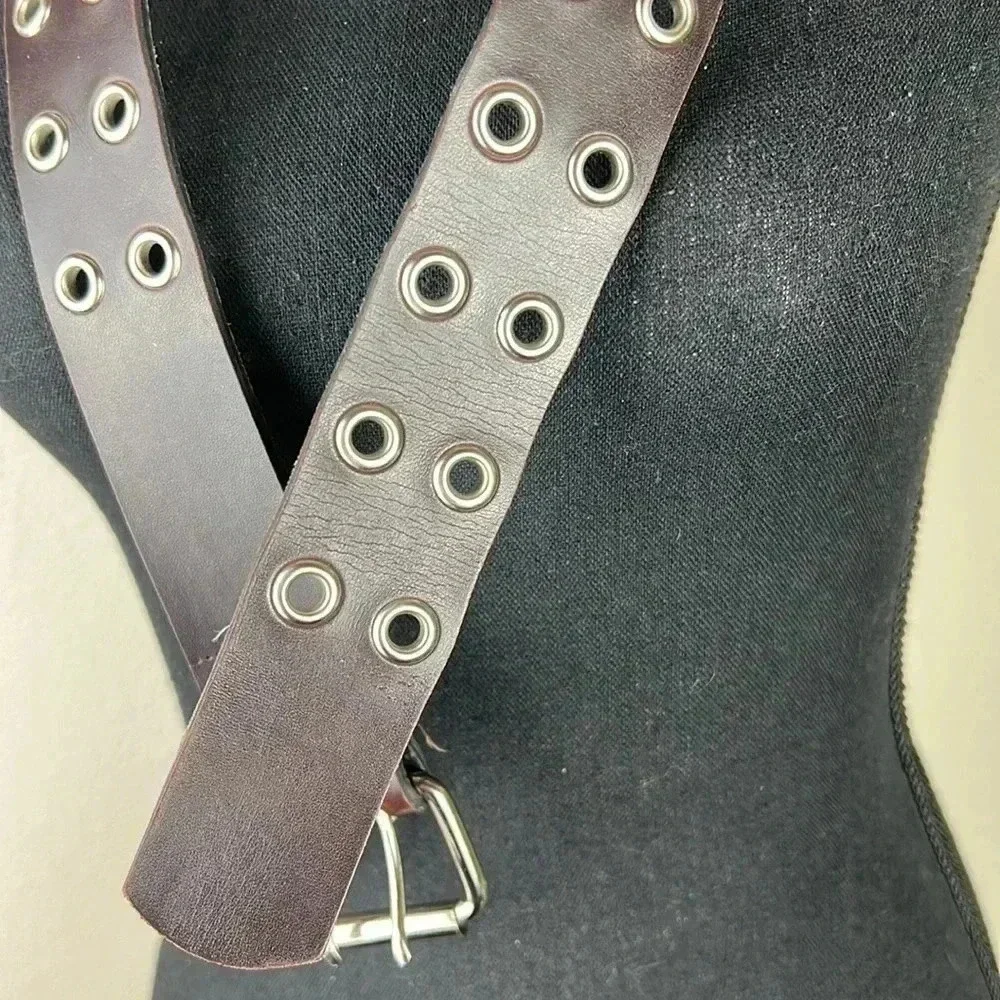 Brown Vegan Leather Double Silver Tone Grommet and Buckle Belt Large